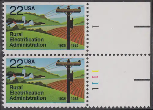 USA Michel 1752 / Scott 2144 postfrisch vert.PAAR ECKRAND oben rechts m/ Platten-# 1 - 50 Jahre Amt für die Elektrifizierung der ländlichen Gebiete