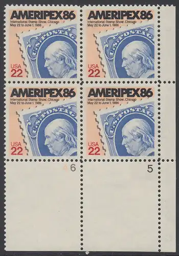 USA Michel 1753 / Scott 2145 postfrisch PLATEBLOCK ECKRAND unten rechts m/ Platten-# 5 - Internationale Briefmarkenausstellung AMERIPEX 86, Chicago