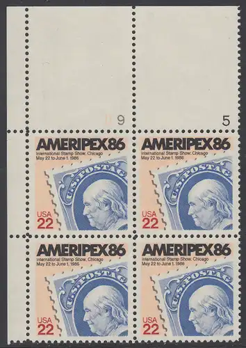 USA Michel 1753 / Scott 2145 postfrisch PLATEBLOCK ECKRAND oben links m/ Platten-# 9 - Internationale Briefmarkenausstellung AMERIPEX 86, Chicago