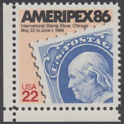 USA Michel 1753 / Scott 2145 postfrisch EINZELMARKE ECKRAND unten links - Internationale Briefmarkenausstellung AMERIPEX 86, Chicago