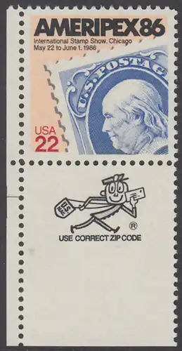 USA Michel 1753 / Scott 2145 postfrisch EINZELMARKE ECKRAND unten links m/ ZIP-Emblem - Internationale Briefmarkenausstellung AMERIPEX 86, Chicago