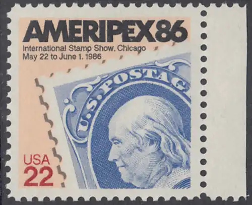 USA Michel 1753 / Scott 2145 postfrisch EINZELMARKE RAND rechts (a2) - Internationale Briefmarkenausstellung AMERIPEX 86, Chicago