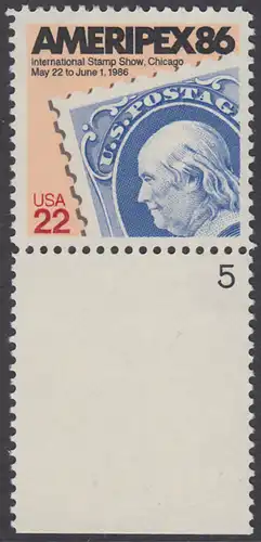 USA Michel 1753 / Scott 2145 postfrisch EINZELMARKE RAND unten m/ Platten-# 5 - Internationale Briefmarkenausstellung AMERIPEX 86, Chicago