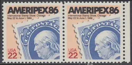 USA Michel 1753 / Scott 2145 postfrisch horiz.PAAR RAND rechts - Internationale Briefmarkenausstellung AMERIPEX 86, Chicago