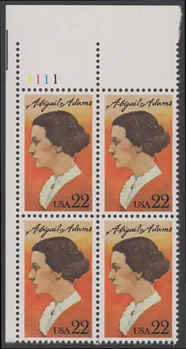 USA Michel 1757 / Scott 2146 postfrisch PLATEBLOCK ECKRAND oben links m/ Platten-# 1111 - Abigail Adams, Schriftstellerin