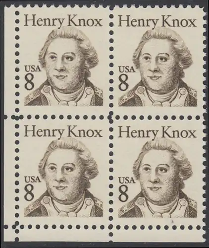 USA Michel 1760 / Scott 1851 postfrisch BLOCK ECKRAND unten links - Amerikanische Persönlichkeiten: General Henry Knox (1750-1806), Kriegsminister