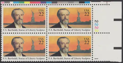 USA Michel 1761 / Scott 2147 postfrisch PLATEBLOCK ECKRAND oben rechts m/ Platten-# 2222 - Auguste Bartholdi, französischer Bildhauer; Freiheitsstatue