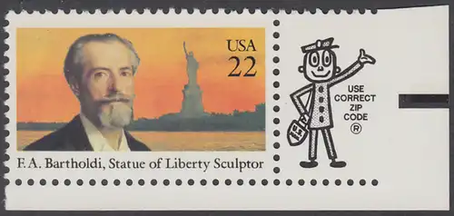 USA Michel 1761 / Scott 2147 postfrisch EINZELMARKE ECKRAND uinten rechts m/ ZIP-Emblem - Auguste Bartholdi, französischer Bildhauer; Freiheitsstatue