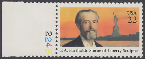 USA Michel 1761 / Scott 2147 postfrisch EINZELMARKE RAND links m/ Platten-# 2242 - Auguste Bartholdi, französischer Bildhauer; Freiheitsstatue