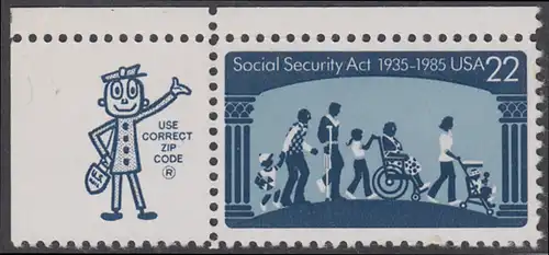 USA Michel 1763 / Scott 2153 postfrisch EINZELMARKE ECKRAND oben links m/ ZIP-Emblem - 50 Jahre Sozialversicherungsgesetz