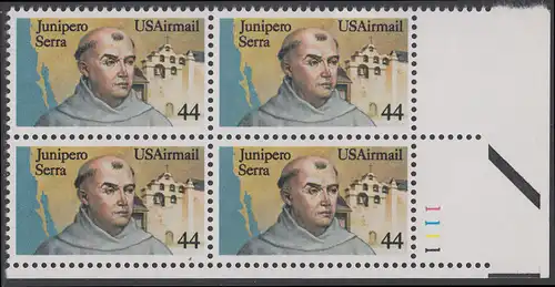 USA Michel 1764 / Scott C116 postfrisch PLATEBLOCK ECKRAND unten rechts m/ Platten-# 1111 - Luftpost: Pater Junipero Serra, spanischer Missionar, Gründer von San Diego, San Francisco und anderen Missionen