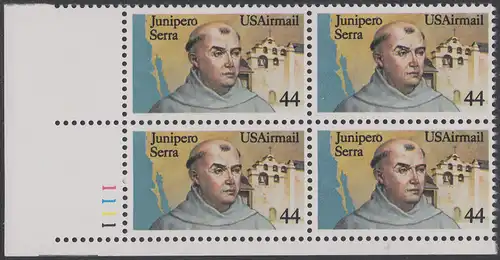 USA Michel 1764 / Scott C116 postfrisch PLATEBLOCK ECKRAND unten links m/ Platten-# 1111 (a) - Luftpost: Pater Junipero Serra, spanischer Missionar, Gründer von San Diego, San Francisco und anderen Missionen