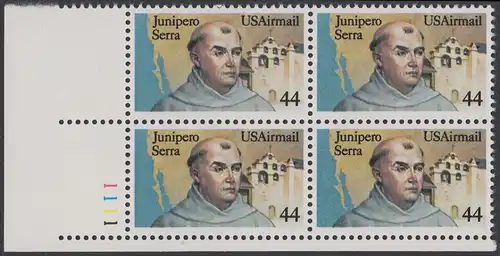 USA Michel 1764 / Scott C116 postfrisch PLATEBLOCK ECKRAND unten links m/ Platten-# 1111 (b) - Luftpost: Pater Junipero Serra, spanischer Missionar, Gründer von San Diego, San Francisco und anderen Missionen