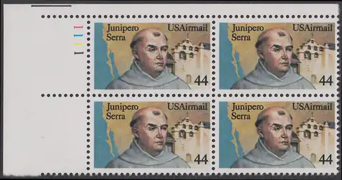 USA Michel 1764 / Scott C116 postfrisch PLATEBLOCK ECKRAND oben links m/ Platten-# 1111 (a) - Luftpost: Pater Junipero Serra, spanischer Missionar, Gründer von San Diego, San Francisco und anderen Missionen