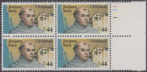 USA Michel 1764 / Scott C116 postfrisch BLOCK RÄNDER rechts m/ Platten-# 1111 - Luftpost: Pater Junipero Serra, spanischer Missionar, Gründer von San Diego, San Francisco und anderen Missionen