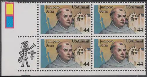 USA Michel 1764 / Scott C116 postfrisch ZIP-BLOCK (ll) - Luftpost: Pater Junipero Serra, spanischer Missionar, Gründer von San Diego, San Francisco und anderen Missionen