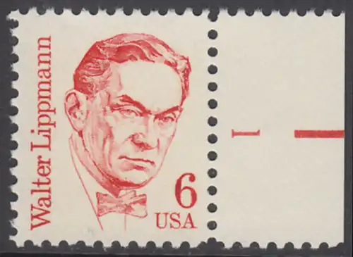 USA Michel 1766 / Scott 1849 postfrisch EINZELMARKE RAND rechts m/ Platten-# 1 - Amerikanische Persönlichkeiten: Walter Lippmann (1889-1974), Journalist