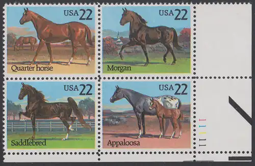 USA Michel 1767-1770 / Scott 2155-2158 postfrisch PLATEBLOCK ECKRAND unten rechts m/ Platten-# 11111 - Pferde
