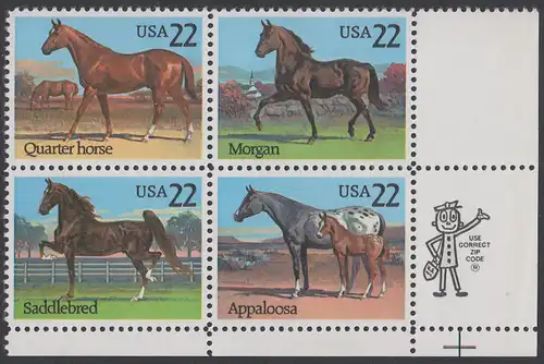 USA Michel 1767-1770 / Scott 2155-2158 postfrisch ZIP-BLOCK (lr) - Pferde
