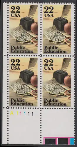 USA Michel 1771 / Scott 2159 postfrisch PLATEBLOCK ECKRAND unten links m/ Platten-# A11111 (a) - Öffentliches Schulwesen: Schreibfeder, Übungsblatt, Brille