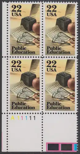 USA Michel 1771 / Scott 2159 postfrisch PLATEBLOCK ECKRAND unten links m/ Platten-# A11111 (b) - Öffentliches Schulwesen: Schreibfeder, Übungsblatt, Brille
