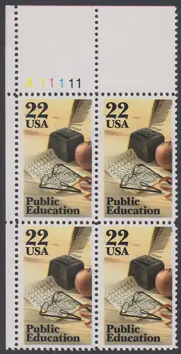 USA Michel 1771 / Scott 2159 postfrisch PLATEBLOCK ECKRAND oben links m/ Platten-# A11111 - Öffentliches Schulwesen: Schreibfeder, Übungsblatt, Brille