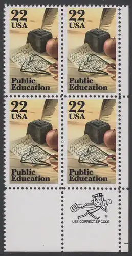 USA Michel 1771 / Scott 2159 postfrisch ZIP-BLOCK (lr) - Öffentliches Schulwesen: Schreibfeder, Übungsblatt, Brille