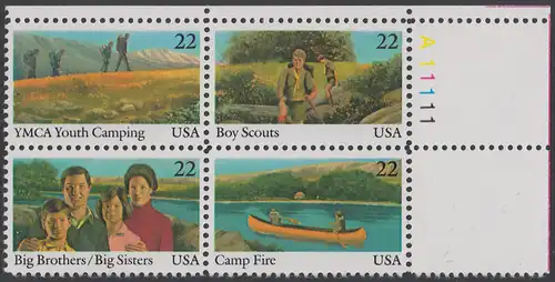 USA Michel 1772-1775 / Scott 2160-2163 postfrisch PLATEBLOCK ECKRAND oben rechts m/ Platten-# A11111 (b) - Internationales Jahr der Jugend: Jugendorganisationen