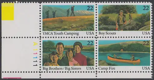 USA Michel 1772-1775 / Scott 2160-2163 postfrisch PLATEBLOCK ECKRAND unten links m/ Platten-# A11111 - Internationales Jahr der Jugend: Jugendorganisationen