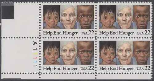 USA Michel 1776 / Scott 2164 postfrisch PLATEBLOCK ECKRAND unten links m/ Platten-# A11111 (b) - Kampf gegen den Hunger