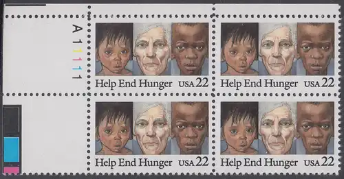 USA Michel 1776 / Scott 2164 postfrisch PLATEBLOCK ECKRAND oben links m/ Platten-# A11111 (b) - Kampf gegen den Hunger