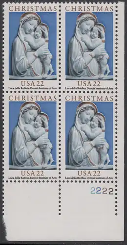USA Michel 1778 / Scott 2165 postfrisch PLATEBLOCK ECKRAND unten rechts m/ Platten-# 2222 - Weihnachten: Genua-Madonna