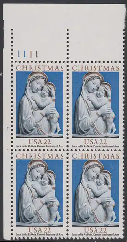 USA Michel 1778 / Scott 2165 postfrisch PLATEBLOCK ECKRAND oben links m/ Platten-# 1111 - Weihnachten: Genua-Madonna