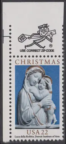 USA Michel 1778 / Scott 2165 postfrisch EINZELMARKE ECKRAND oben links m/ ZIP-Emblem - Weihnachten: Genua-Madonna