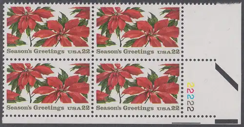 USA Michel 1779 / Scott 2166 postfrisch PLATEBLOCK ECKRAND unten rechts m/ Platten-# 22222 - Weihnachten: Poinsettia