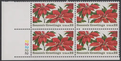 USA Michel 1779 / Scott 2166 postfrisch PLATEBLOCK ECKRAND unten links m/ Platten-# 22222 (a) - Weihnachten: Poinsettia