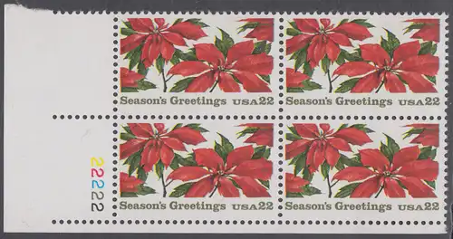 USA Michel 1779 / Scott 2166 postfrisch PLATEBLOCK ECKRAND unten links m/ Platten-# 22222 (b) - Weihnachten: Poinsettia