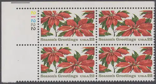 USA Michel 1779 / Scott 2166 postfrisch PLATEBLOCK ECKRAND oben links m/ Platten-# 21222 - Weihnachten: Poinsettia