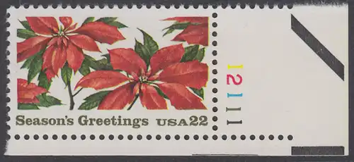 USA Michel 1779 / Scott 2166 postfrisch EINZELMARKE ECKRAND unten rechts m/ Platten-# 12111 - Weihnachten: Poinsettia