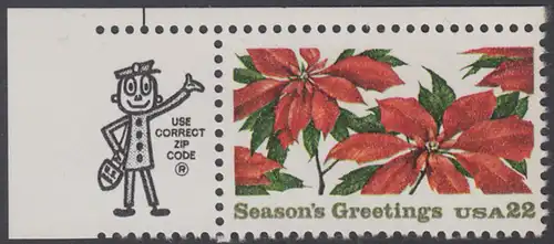 USA Michel 1779 / Scott 2166 postfrisch EINZELMARKE ECKRAND oben links m/ ZIP-Emblem - Weihnachten: Poinsettia