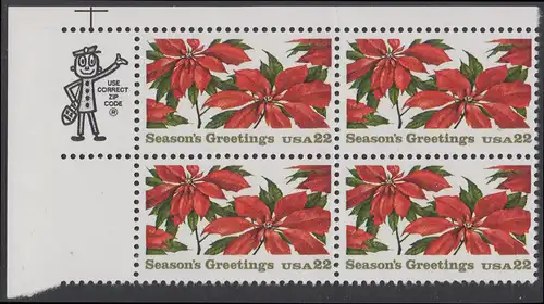 USA Michel 1779 / Scott 2166 postfrisch ZIP-BLOCK (ul) - Weihnachten: Poinsettia