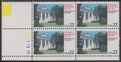 USA Michel 1781 / Scott 2167 postfrisch PLATEBLOCK ECKRAND unten links m/ Platten-# A111111 (a) - 150 Jahre Staat Arkansas: Altes Regierungsgebäude, Little Rock, AK