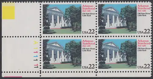 USA Michel 1781 / Scott 2167 postfrisch PLATEBLOCK ECKRAND unten links m/ Platten-# A111111 (b) - 150 Jahre Staat Arkansas: Altes Regierungsgebäude, Little Rock, AK