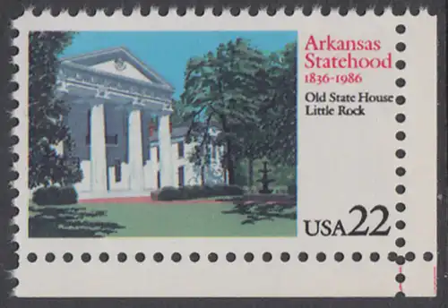 USA Michel 1781 / Scott 2167 postfrisch EINZELMARKE ECKRAND unten rechts - 150 Jahre Staat Arkansas: Altes Regierungsgebäude, Little Rock, AK