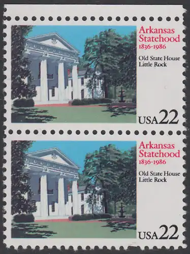 USA Michel 1781 / Scott 2167 postfrisch vert.PAAR RAND oben - 150 Jahre Staat Arkansas: Altes Regierungsgebäude, Little Rock, AK