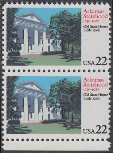 USA Michel 1781 / Scott 2167 postfrisch vert.PAAR RAND unten - 150 Jahre Staat Arkansas: Altes Regierungsgebäude, Little Rock, AK