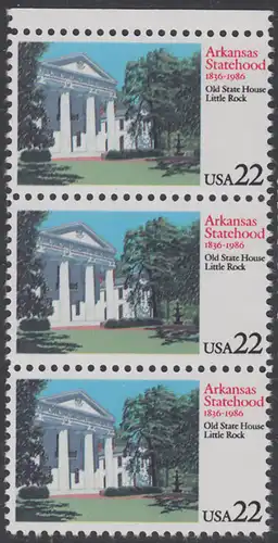 USA Michel 1781 / Scott 2167 postfrisch vert.STRIP(3) RAND oben - 150 Jahre Staat Arkansas: Altes Regierungsgebäude, Little Rock, AK