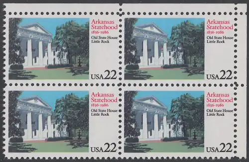 USA Michel 1781 / Scott 2167 postfrisch BLOCK ECKRAND oben rechts - 150 Jahre Staat Arkansas: Altes Regierungsgebäude, Little Rock, AK
