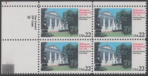 USA Michel 1781 / Scott 2167 postfrisch ZIP-BLOCK (ul) - 150 Jahre Staat Arkansas: Altes Regierungsgebäude, Little Rock, AK