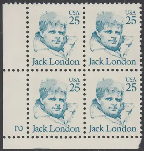 USA Michel 1782 / Scott 2182 postfrisch PLATEBLOCK ECKRAND unten links m/ Platten-# 2 - Amerikanische Persönlichkeiten: Jack London (1876-1916), Schriftsteller